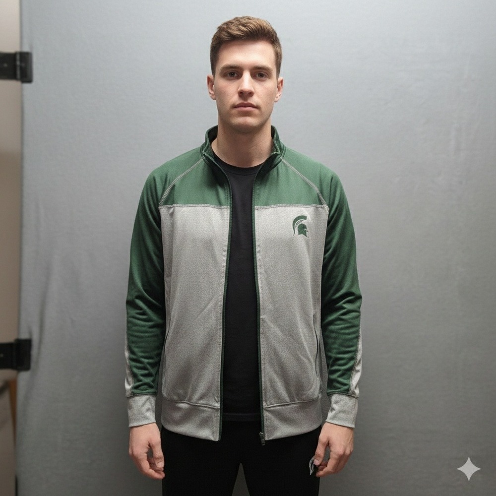 Michigan State Spartans Athletic Track Jacket Full Zip Green Gray‎ Logo Adult LG